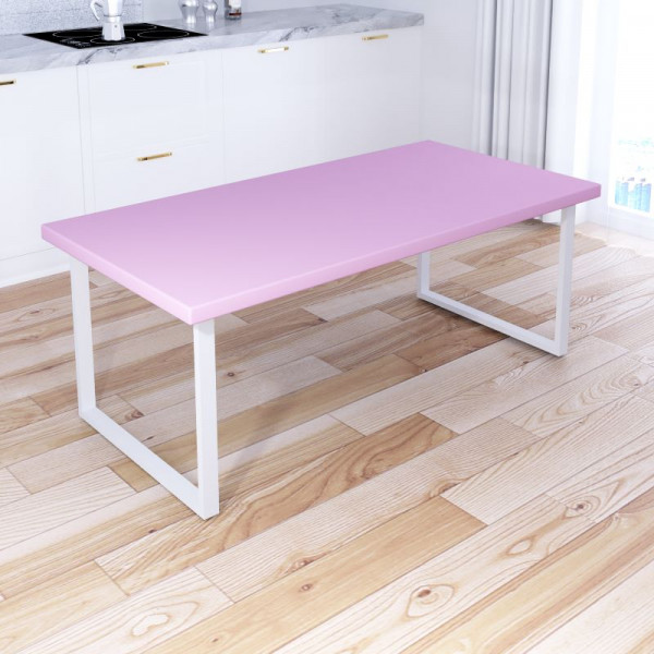 Стол журнальный Loft со столешницей розового цвета из массива сосны 40 мм и белыми металлическими ножками, 130х75х50 см