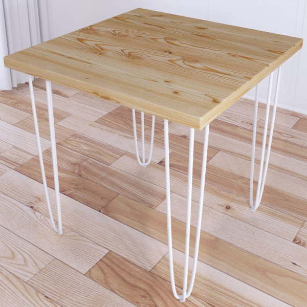 Стол кухонный Loft с квадратной столешницей из массива сосны 40 мм без шлифовки и покраски на белых металлических ножках-шпильках, 75x75х75 см