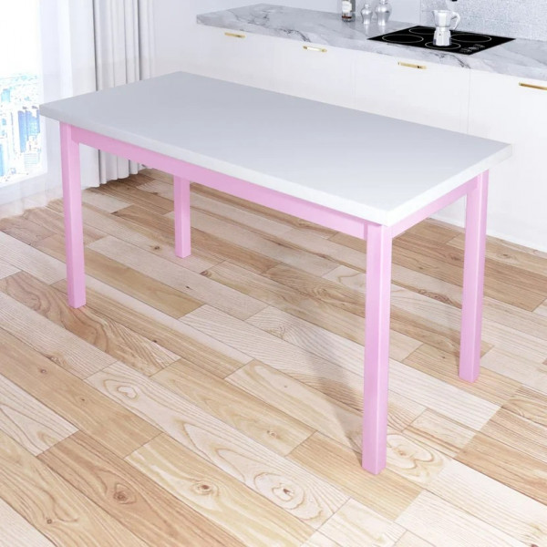 Стол кухонный Классика из массива сосны, белая столешница 40 мм и ножки розового цвета, 130х60х75 см