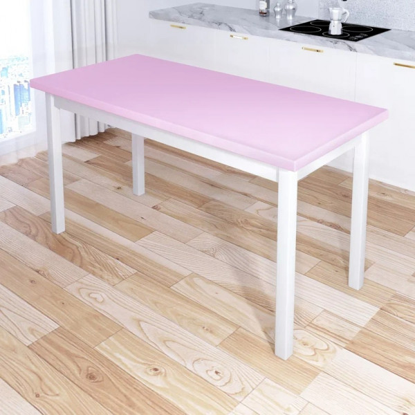 Стол кухонный Классика из массива сосны, столешница розового цвета 40 мм и белые ножки, 130х60х75 см