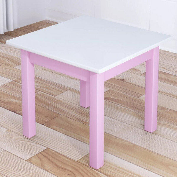 Стол журнальный Классика квадратный с белой столешницей из массива сосны 20 мм и розовыми ножками, 60х60х44 см