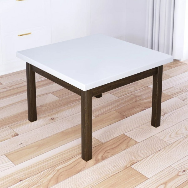 Стол журнальный Классика квадратный с белой столешницей из массива сосны 40 мм и ножками цвета темного дуба, 60х60х46 см