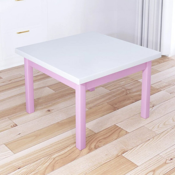 Стол журнальный Классика квадратный с белой столешницей из массива сосны 40 мм и розовыми ножками, 60х60х46 см