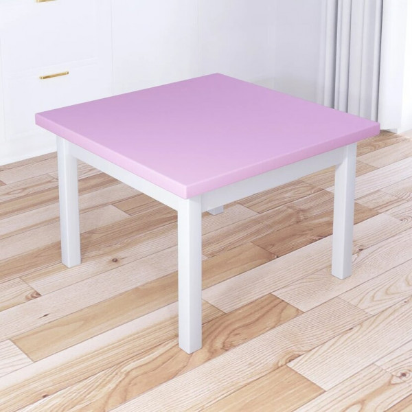 Стол журнальный Классика квадратный с розовой столешницей из массива сосны 40 мм и белыми ножками, 60х60х46 см