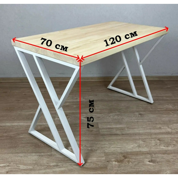 Стол кухонный Loft со столешницей из массива сосны 40 мм без покрытия и белыми металлическими Z-образными ножками, 120х70х75 см
