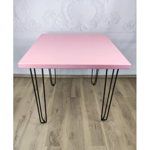 Стол кухонный Loft с квадратной столешницей розового цвета из массива сосны 40 мм, на металлических ножках-шпильках, 70x70х75 см