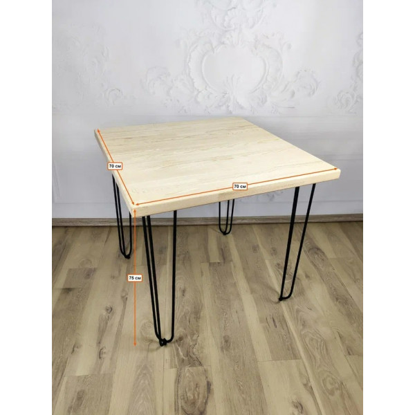 Стол кухонный Loft с квадратной столешницей без покраски из массива сосны 40 мм, на металлических ножках-шпильках, 70x70х75 см